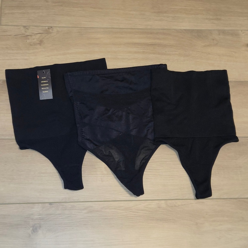 Hey Girl High Waisted Shapewear Thong Lot of 3 Black Tummy Control Seamless S/M